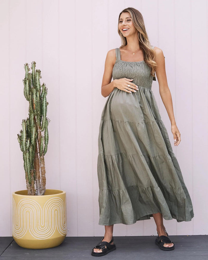 Lilliana Linen Dress in Olive Green