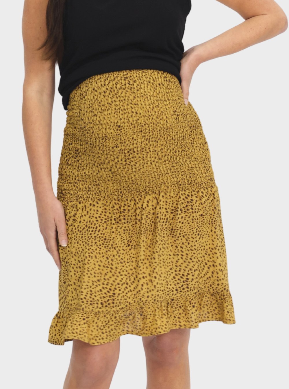 Shirred Maternity Skirt in Yellow & Brown Print