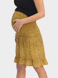 Shirred Maternity Skirt in Yellow & Brown Print