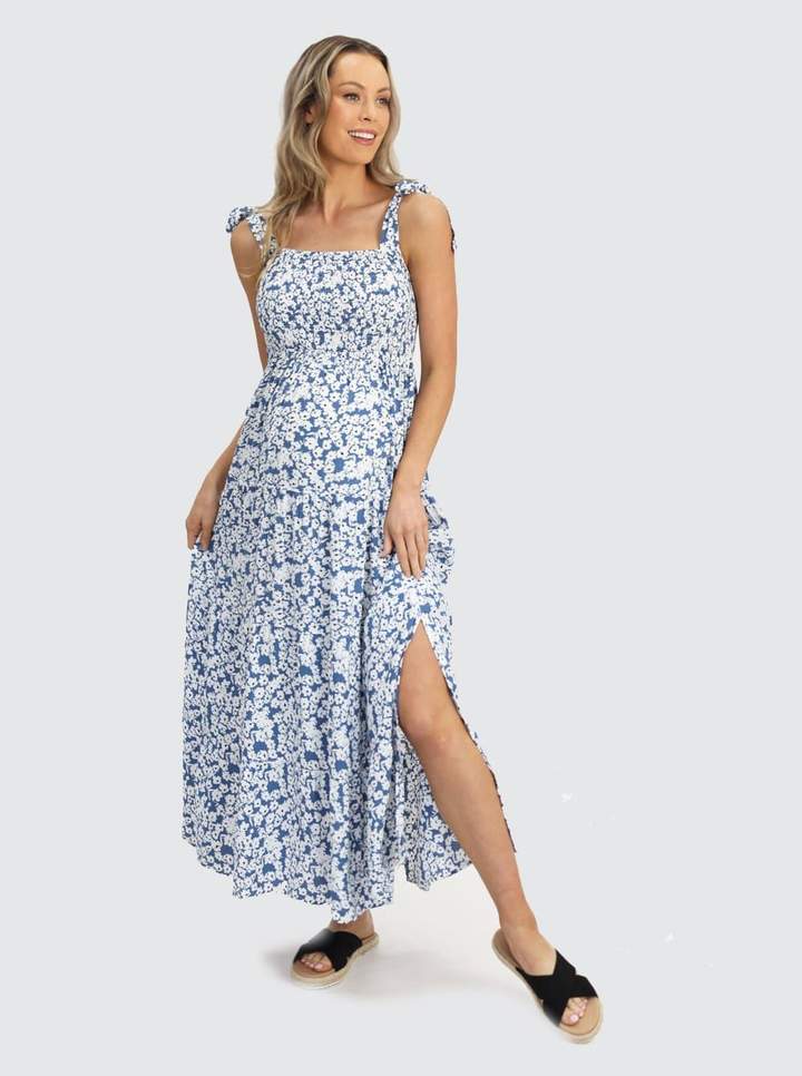 Maternity Blue Floral Print Maxi Dress with Shoulder Tie