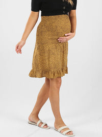 Shirred Maternity Skirt in Yellow & Brown Print