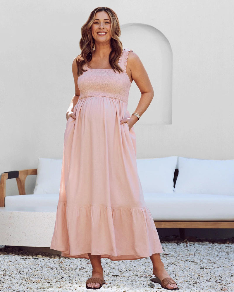 Margot Maternity Shirred Dress in Blush Pink