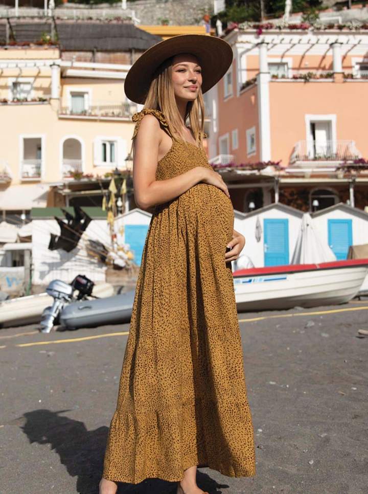 Maternity Yellow Print Maxi Dress with Shoulder Tie