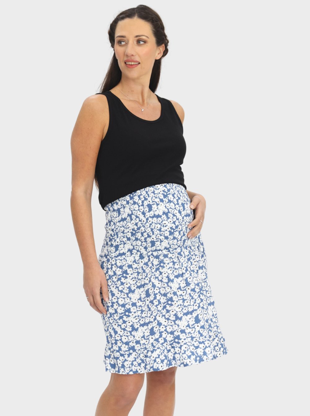 Maternity Shirred Skirt in Blue Floral Print