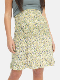 Shirred Maternity Skirt in Yellow & Green Floral Print