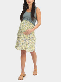 Shirred Maternity Skirt in Yellow & Green Floral Print