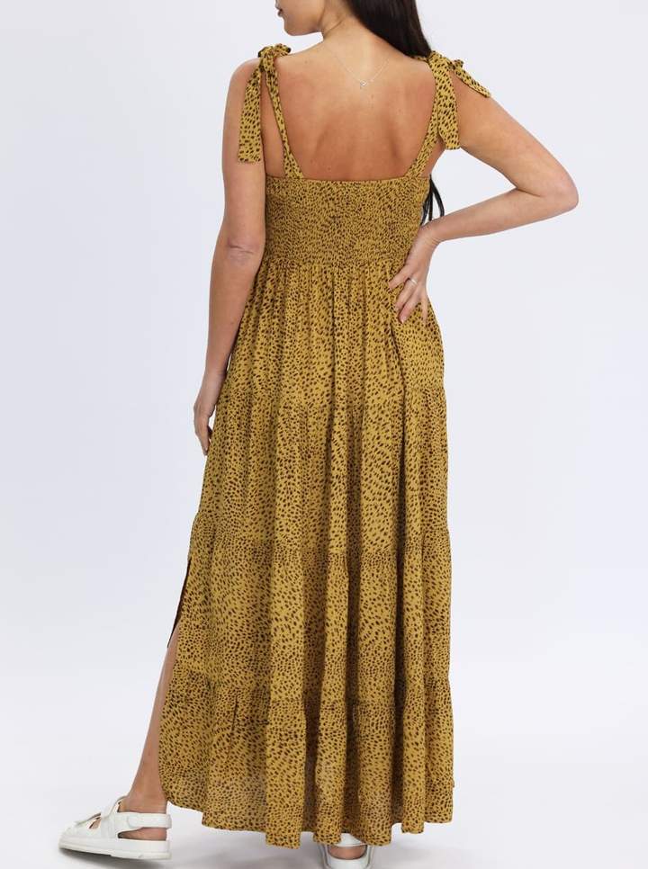 Maternity Yellow Print Maxi Dress with Shoulder Tie